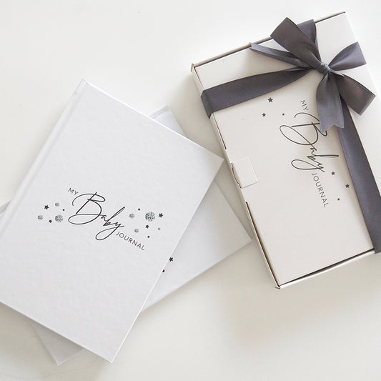 Diamond baby journal with gift box and ribbon packaging.