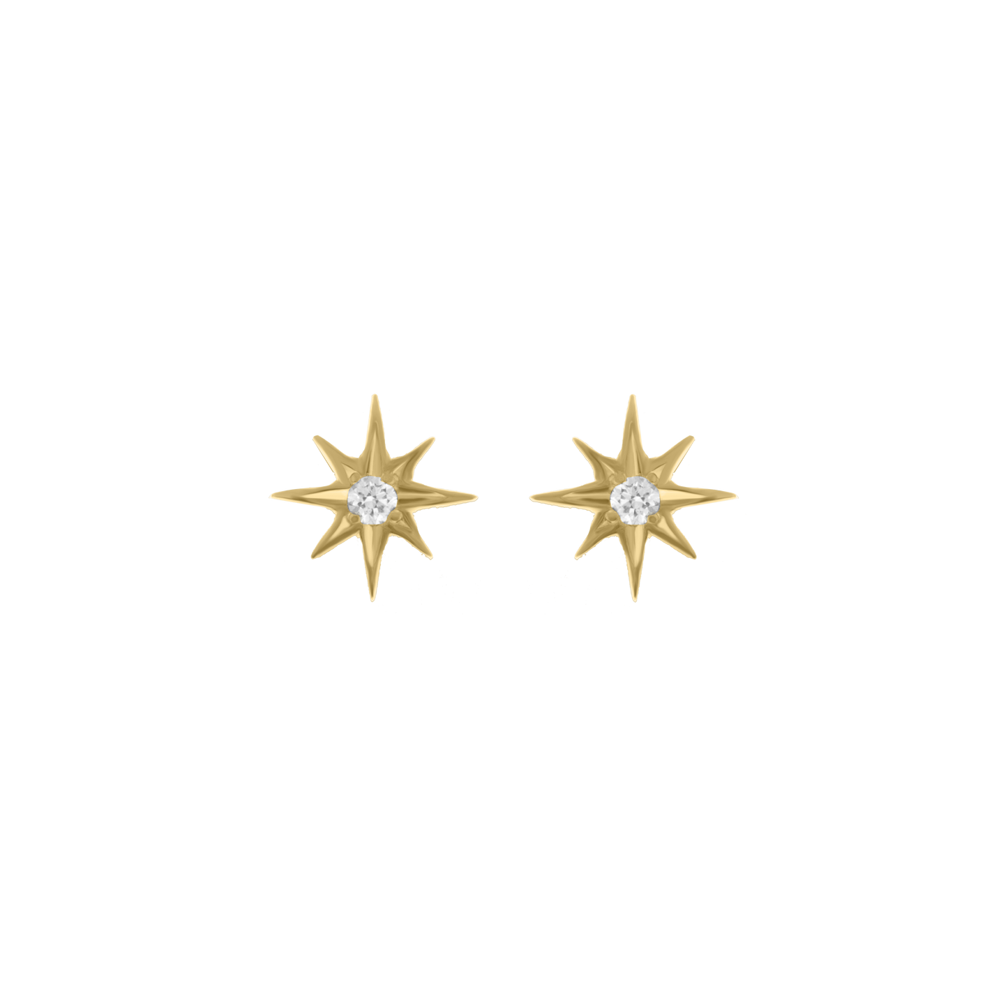 Pair of gold starburst-shaped stud earrings with eight points, each featuring a central round diamond, displayed on a transparent background.