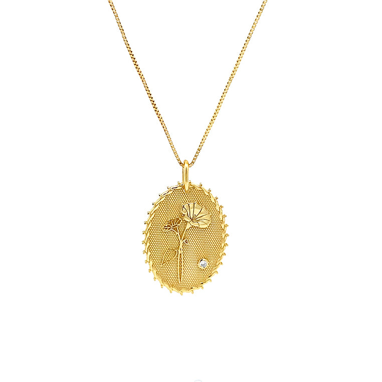 Gold July birth flower necklace with larkspur design and diamond accent