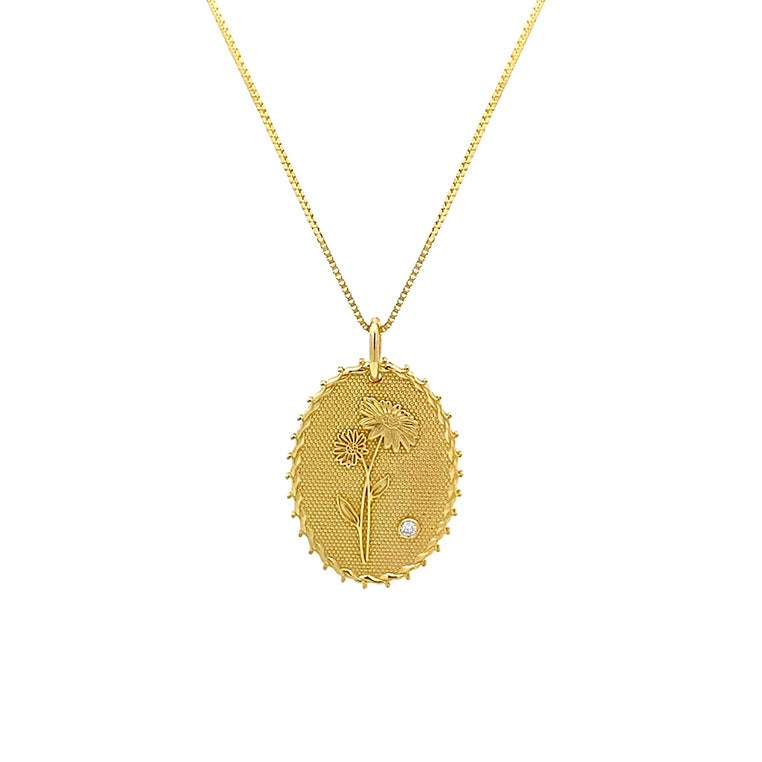 Gold March birth flower necklace with daffodil design and diamond accent