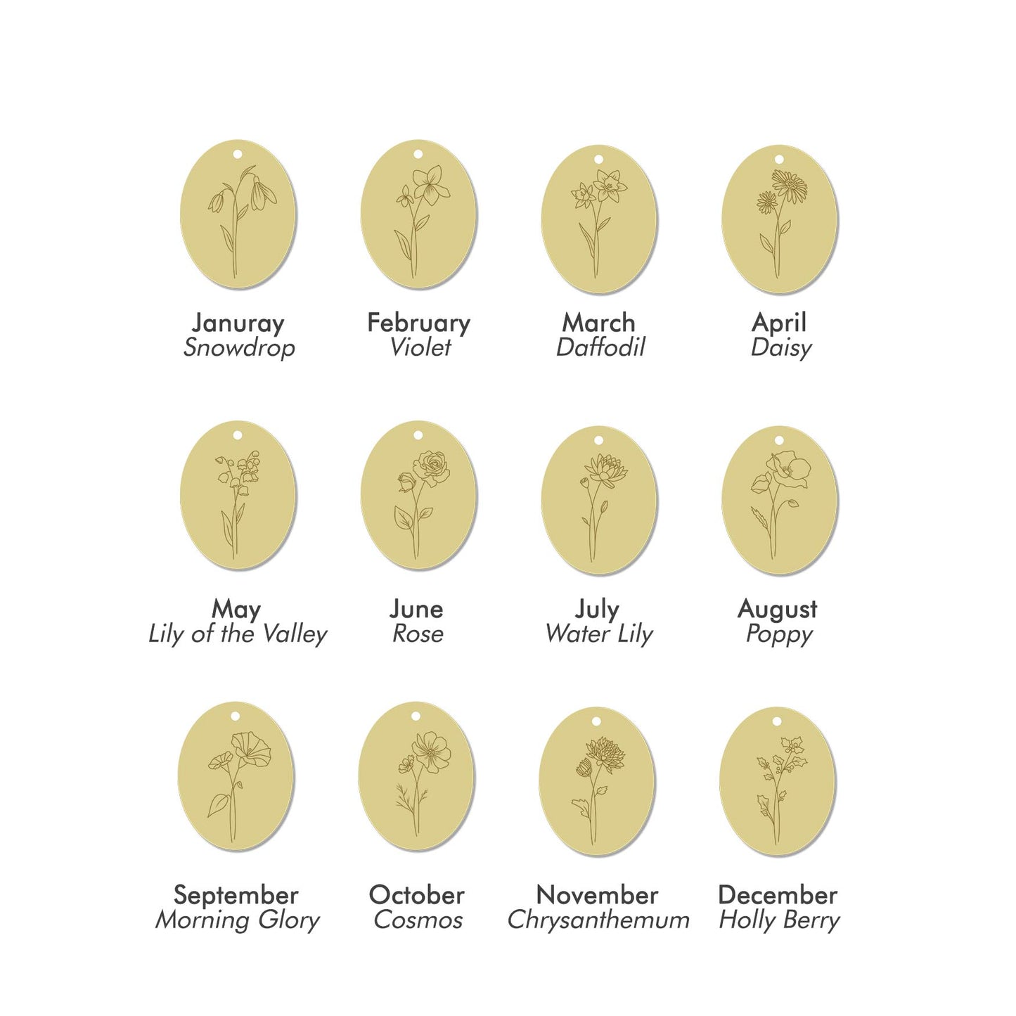 Gold birth flower necklace collection featuring all 12 monthly flowers with diamond accents — carnation, violet, daffodil, daisy, lily of the valley, rose, larkspur, gladiolus, aster, marigold, chrysanthemum, and narcissus.