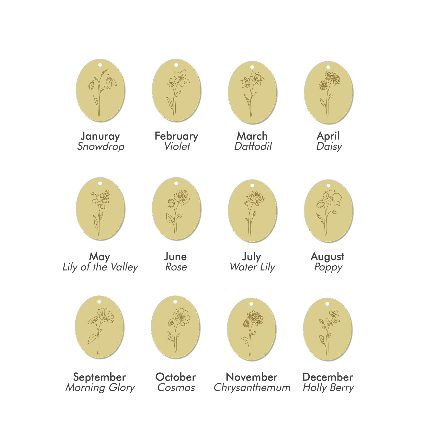 Gold birth flower necklace collection featuring all 12 monthly flowers with diamond accents — carnation, violet, daffodil, daisy, lily of the valley, rose, larkspur, gladiolus, aster, marigold, chrysanthemum, and narcissus.