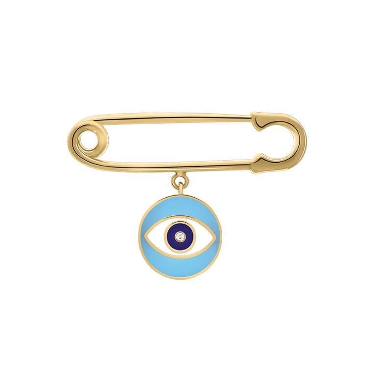 A gold pin with a blue and white enamel evil eye symbol and a centered diamond