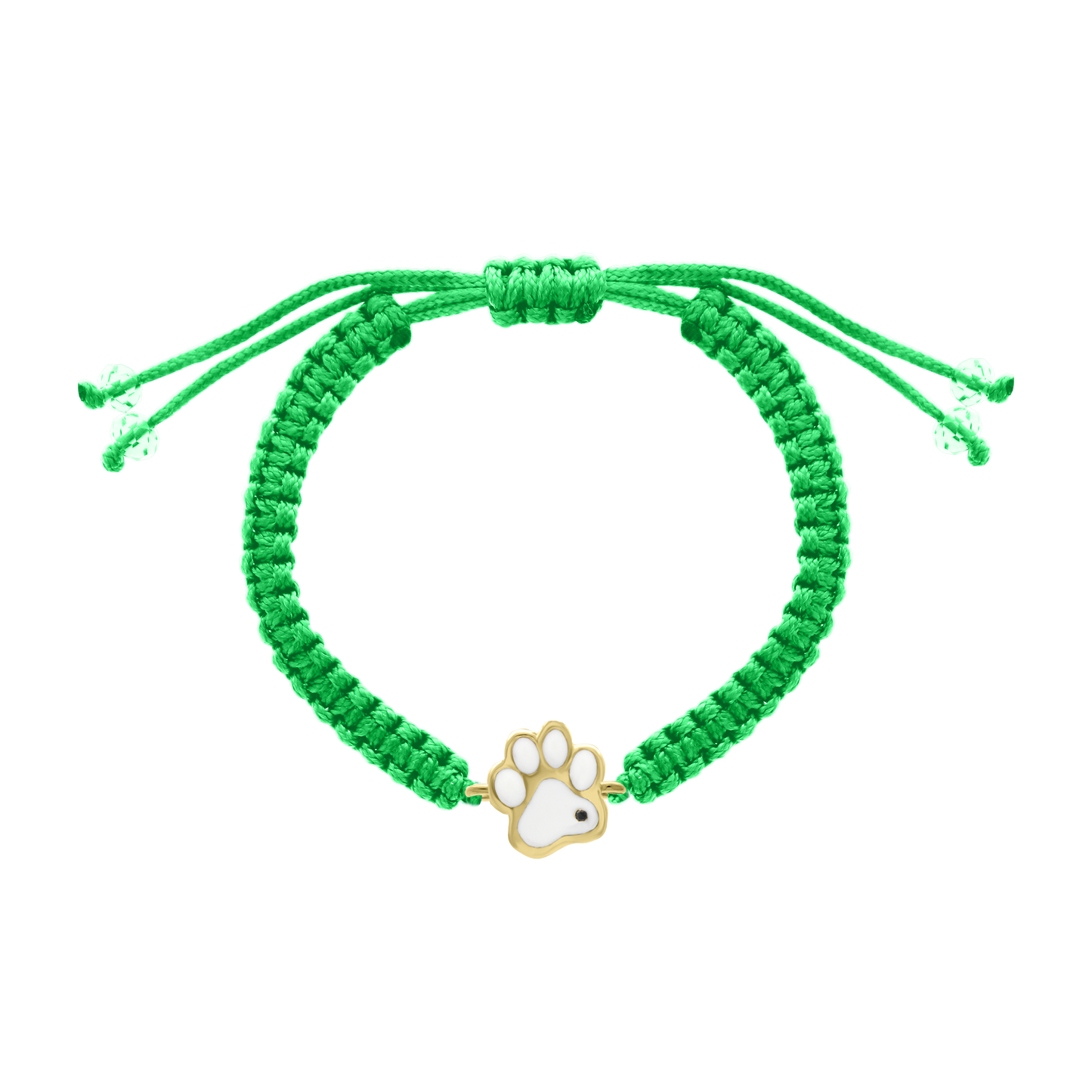 Green cord Brave Paw bracelet with gold and white enamel paw charm