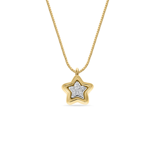 Gold necklace featuring a double-layered star pendant with a central cluster of diamonds, displayed on a white background.