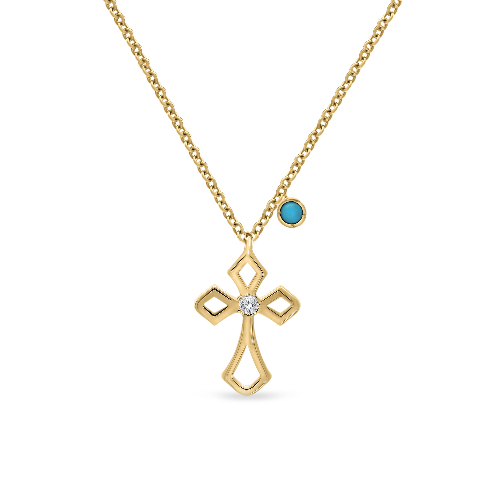 Yellow gold faith necklace with cross pendant, diamond center, and turquoise charm