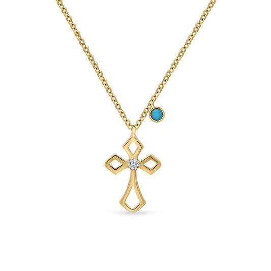 Yellow gold faith necklace with cross pendant, diamond center, and turquoise charm
