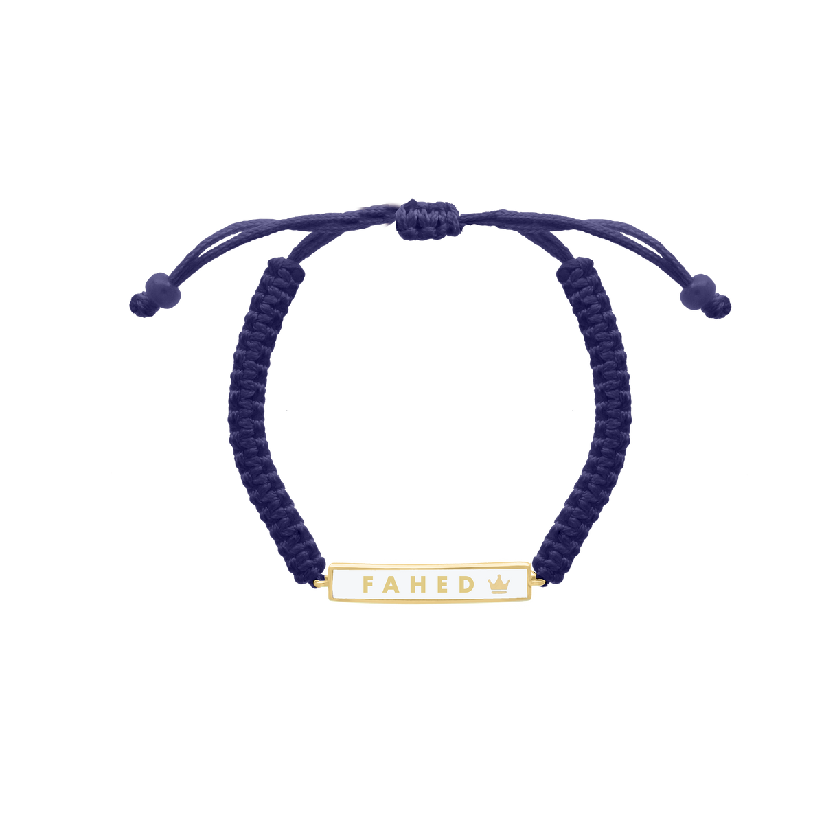 Blue cord bracelet with yellow gold custom name plate and crown detail