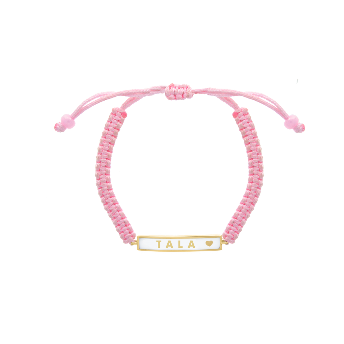 Pink cord bracelet with yellow gold custom name plate and heart detail