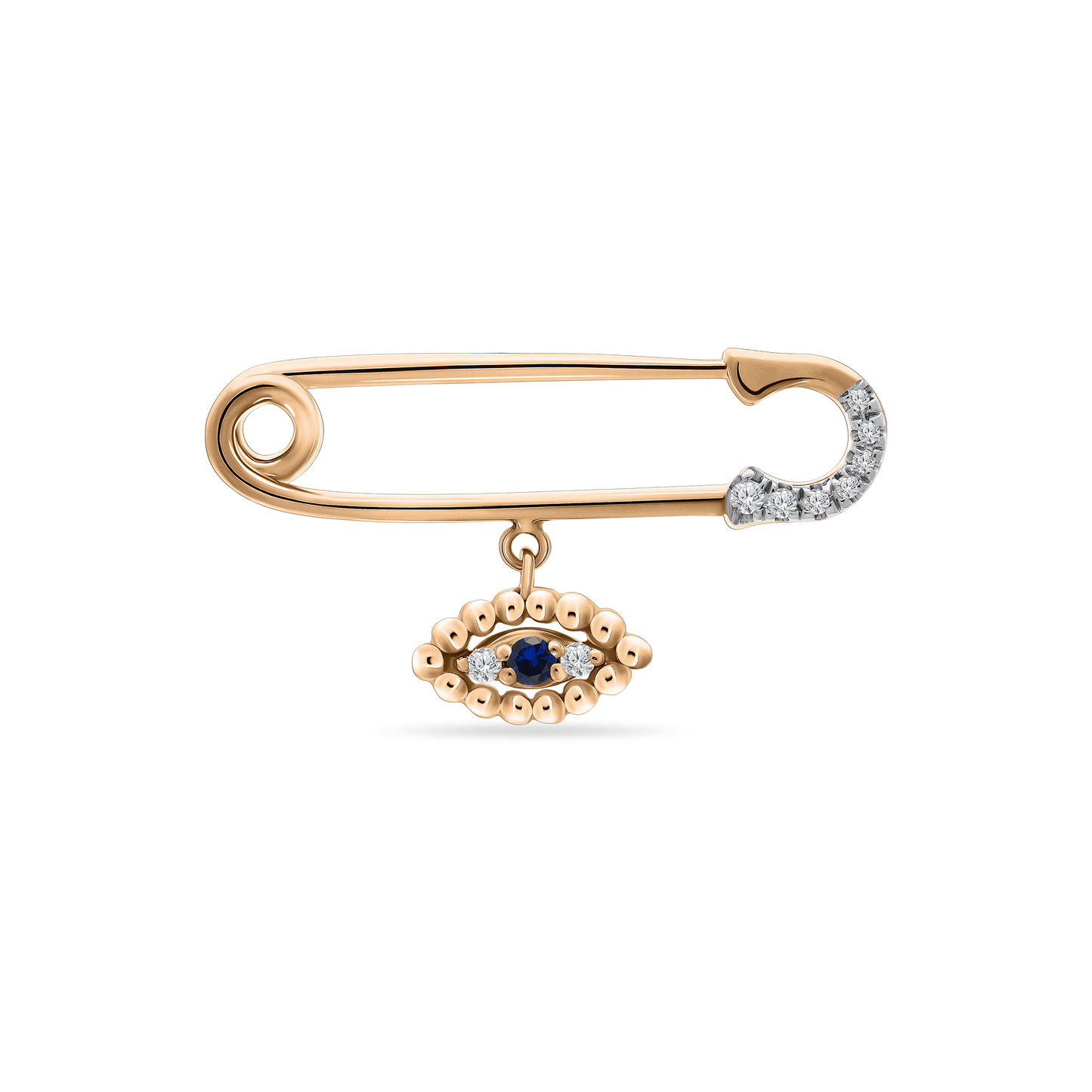 A polished 18K rose-gold safety-pin brooch with the clasp tip encrusted in small round diamonds, featuring a dangling evil-eye charmâan oval of gold beads surrounding a central blue sapphire and two small diamondsâshown on a transparent background.