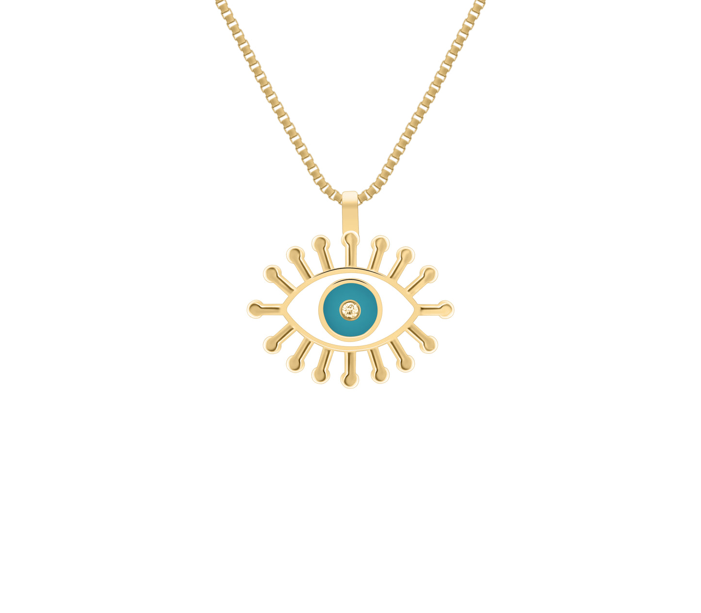 Yellow gold evil eye pendant necklace with turquoise enamel and diamond center