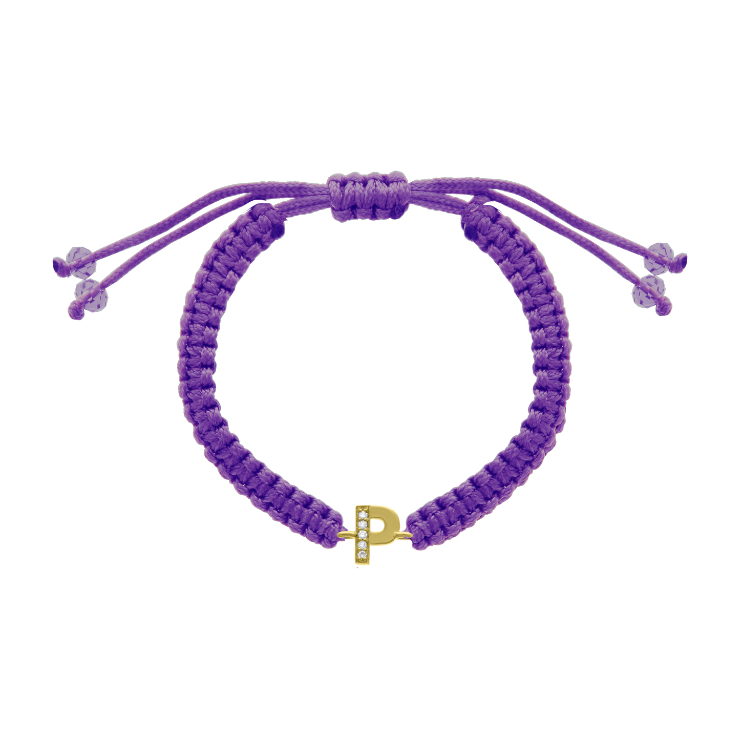 Pink cord diamond initial bracelet with gold P charm and pavé diamonds