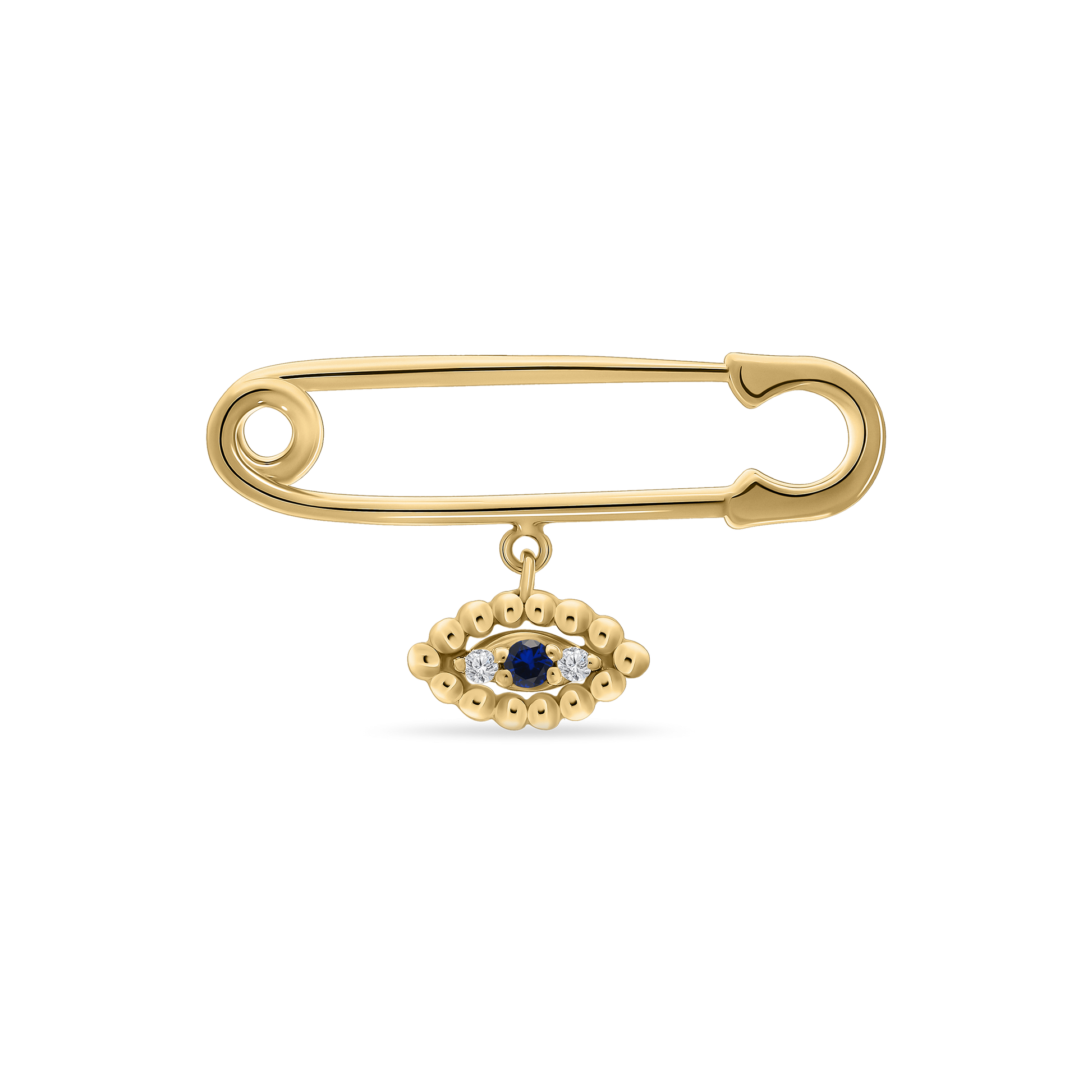 A polished 18K yellow-gold safety-pin brooch (baby pin style) with a dangling evil-eye charmâan oval of gold beads encircling a central blue sapphire flanked by two small diamondsâshown on a transparent background.