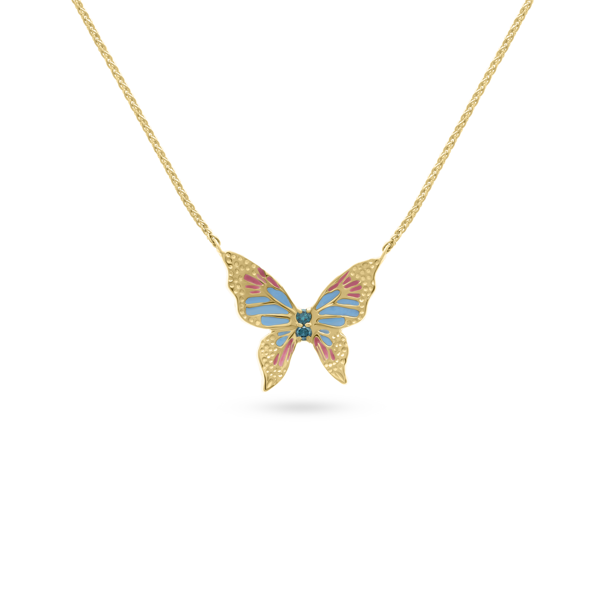 Gold butterfly necklace with pink and blue enamel wings and blue diamond accents, displayed on a transparent background.