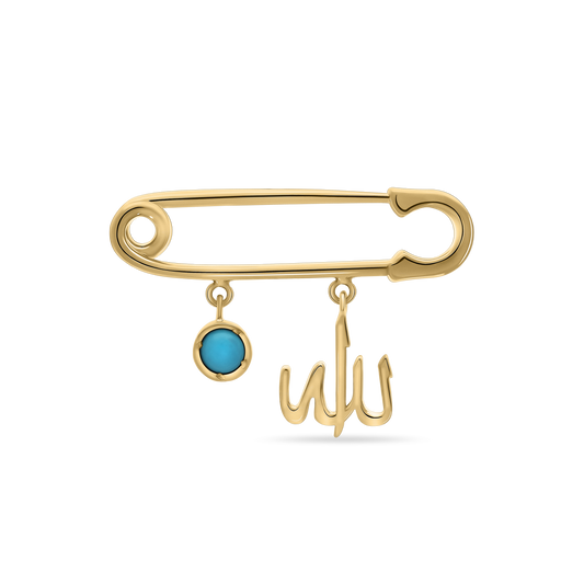A polished 18K yellow-gold safety-pin brooch (baby-pin style) with two dangling charms: a round bezel-set turquoise enamel disc and an Arabic “Allah” script charm, shown on a transparent background.