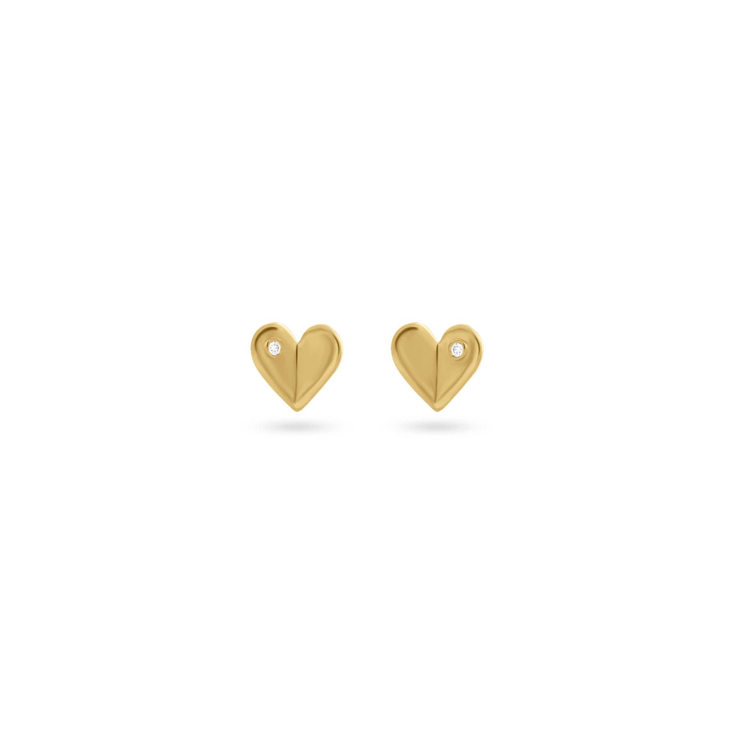 Pair of gold heart-shaped stud earrings with a folded design and a tiny diamond detail in each, displayed on a white background.