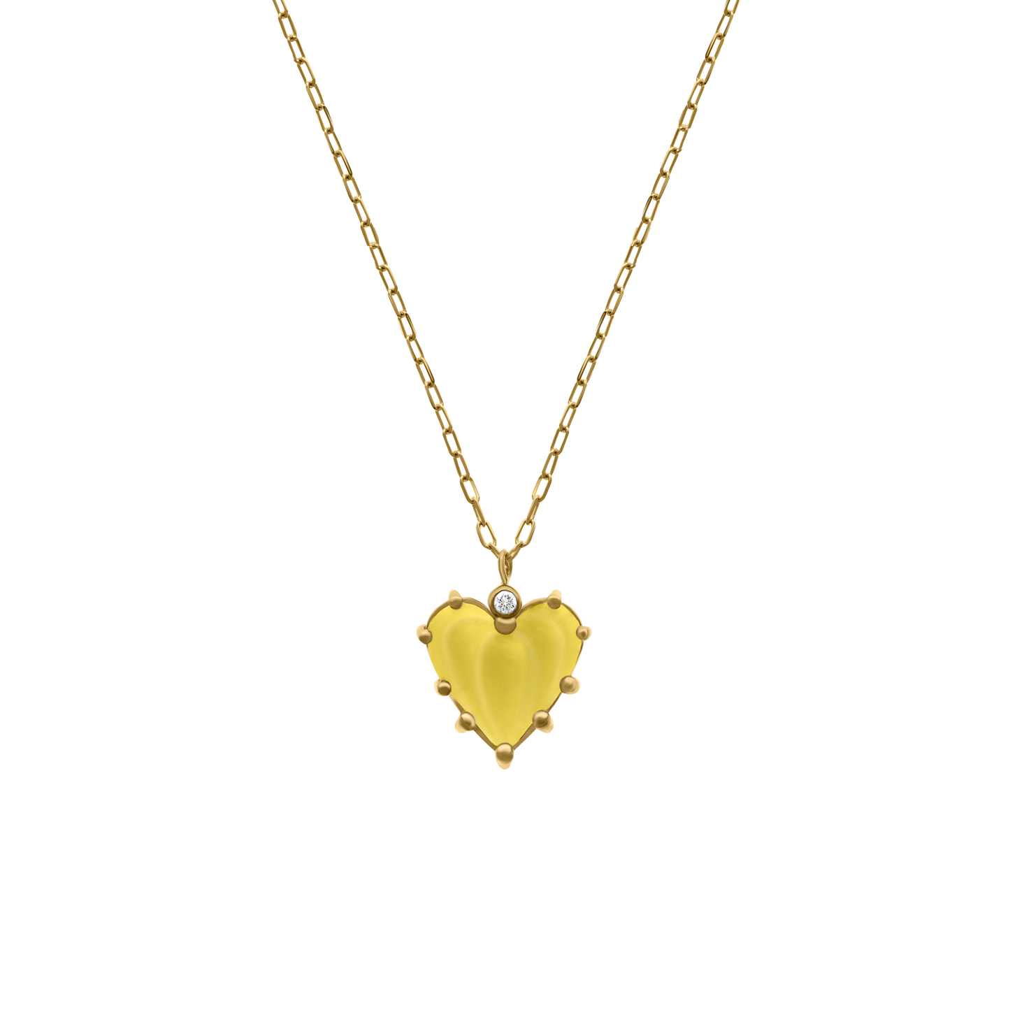 A heart-shaped yellow diamond pendant necklace in 18k gold with a glossy finish.