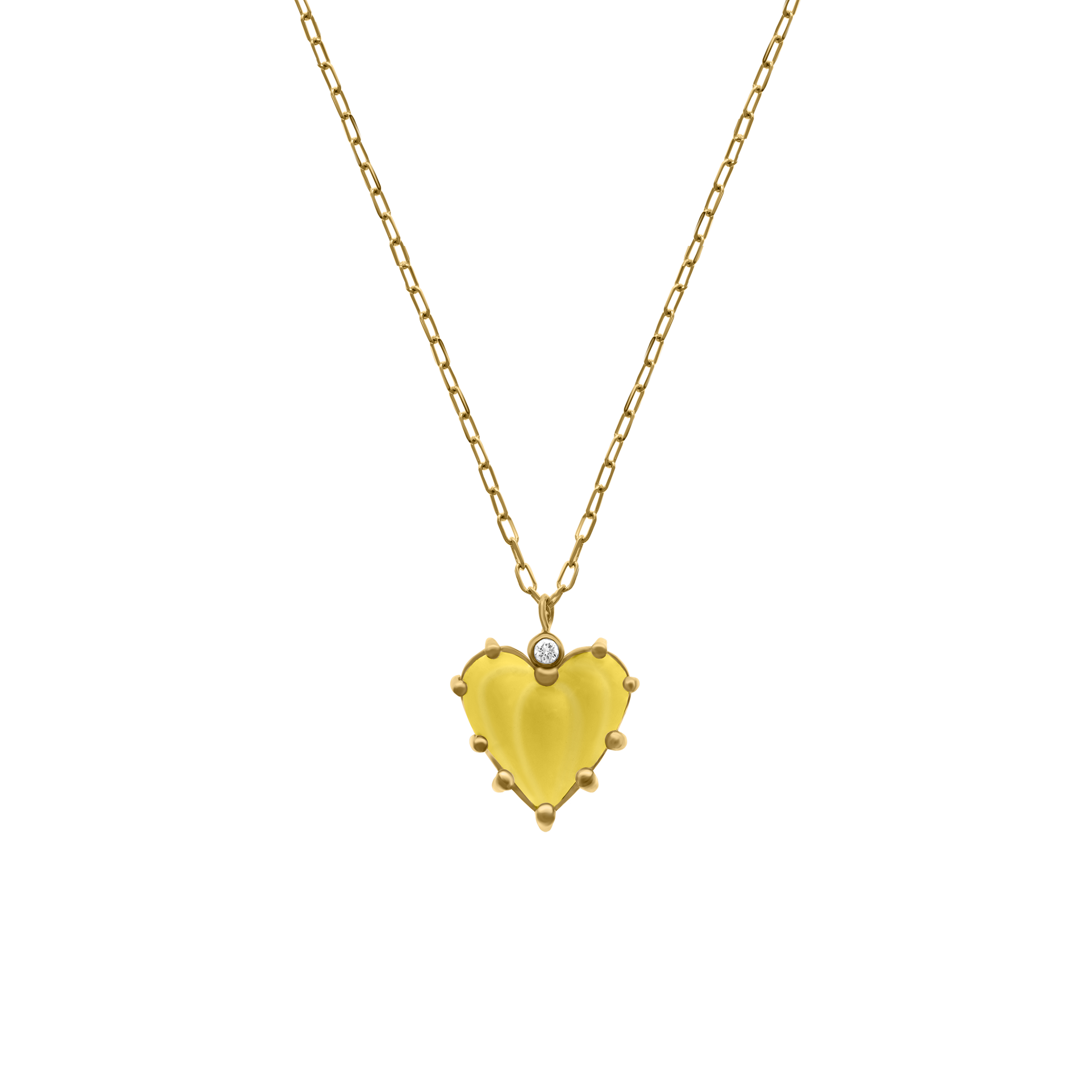 A heart-shaped yellow diamond pendant necklace in 18k gold with a glossy finish.