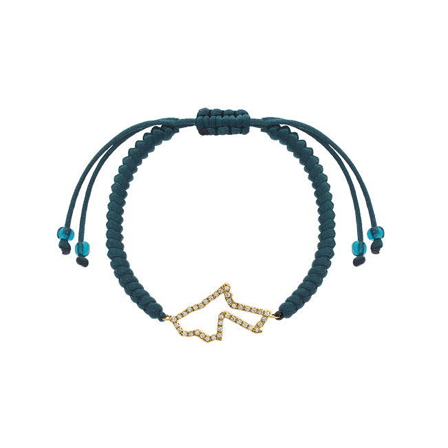 BabyChic adjustable teal braided cord bracelet featuring a petite 18K gold outline of the map of Jordan pavé-set with round diamonds, with a sliding knot closure and matching teal bead ends, shown on a transparent background.