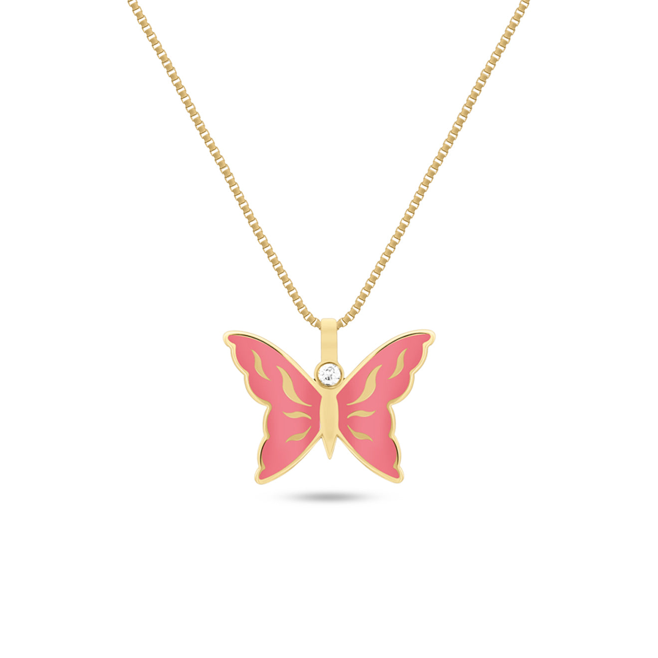 A pink butterfly pendant necklace with gold wings and a diamond center on a yellow gold chain.