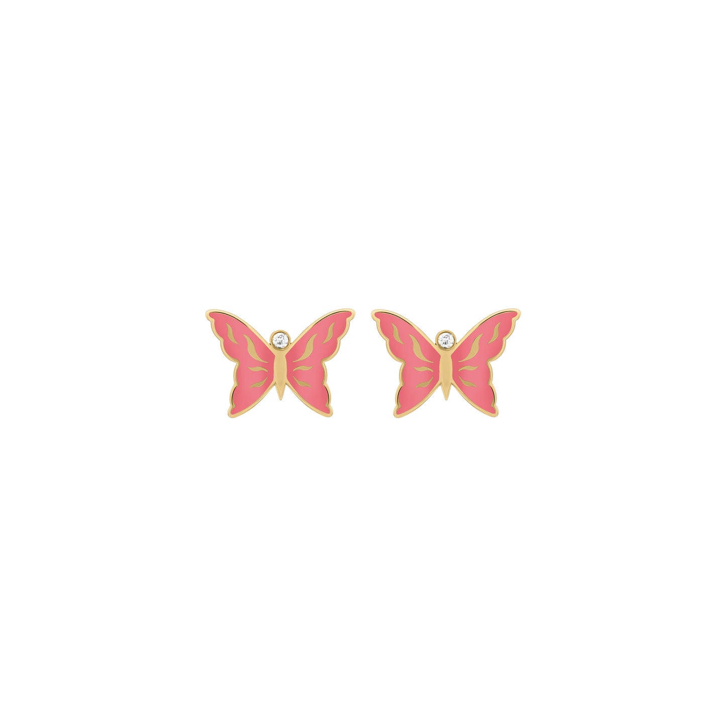 18K pink butterfly earrings with gold outlines and a sparkling diamond center.