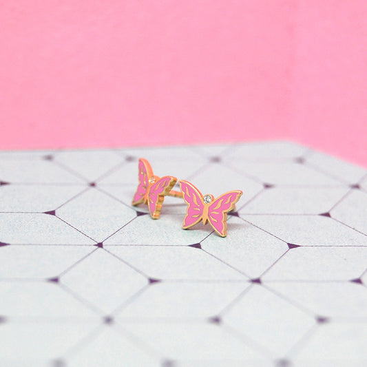 18K Gold butterfly earrings with pink enamel wings and small diamond center – baby jewelry
