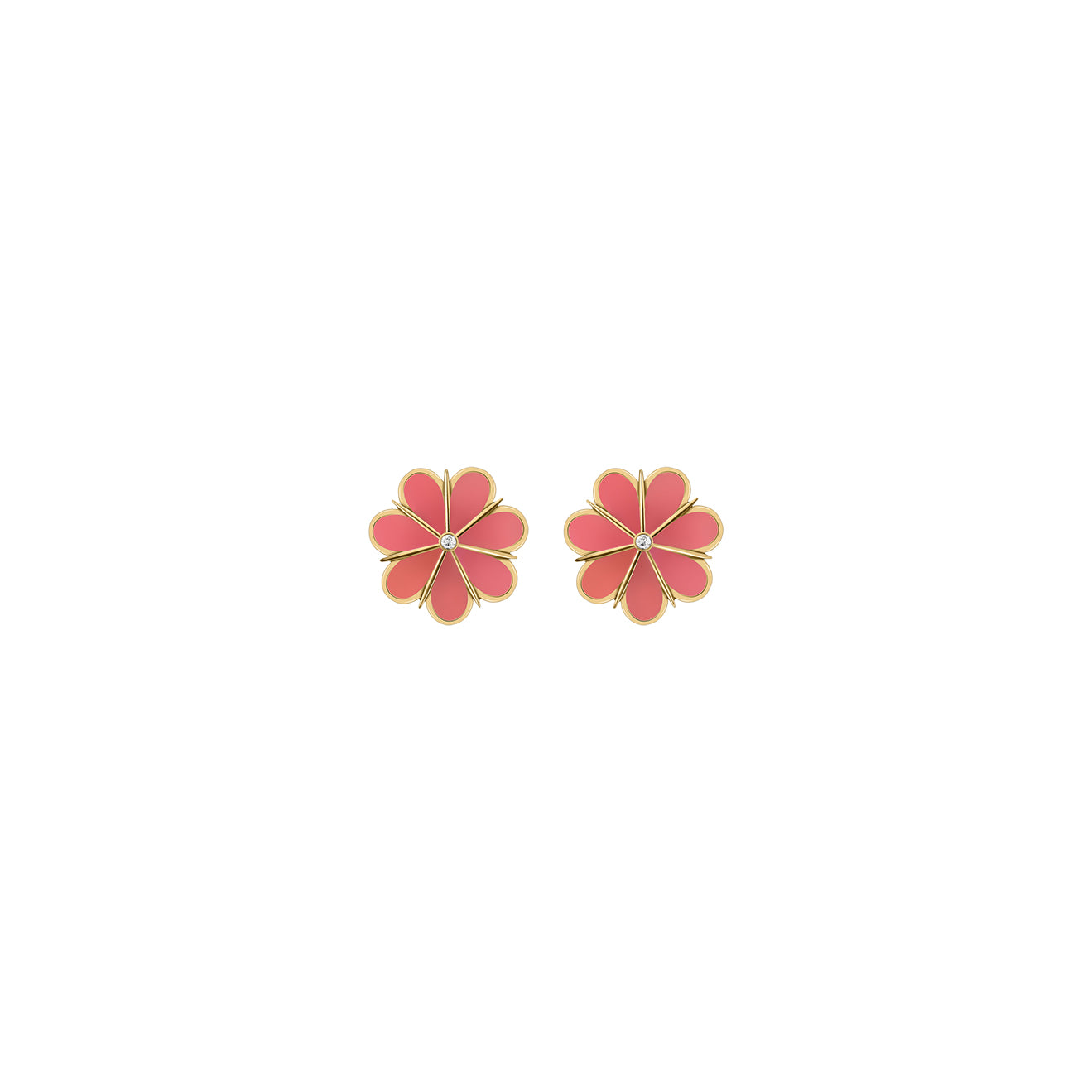 Pair of gold Lily Earrings with pink enamel petals and a central diamond accent, displayed on a white background.