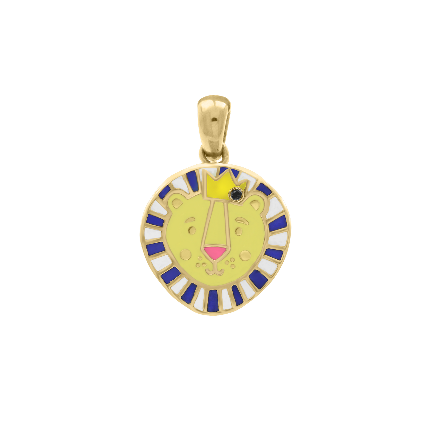 18K gold lion face pendant with blue and white enamel mane and yellow crown