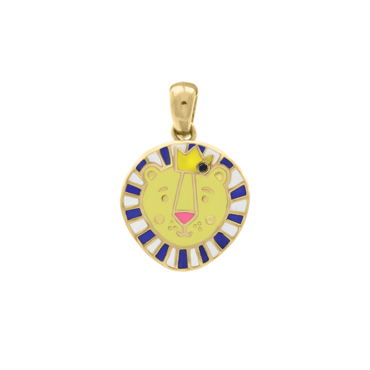 18K gold lion face pendant with blue and white enamel mane and yellow crown