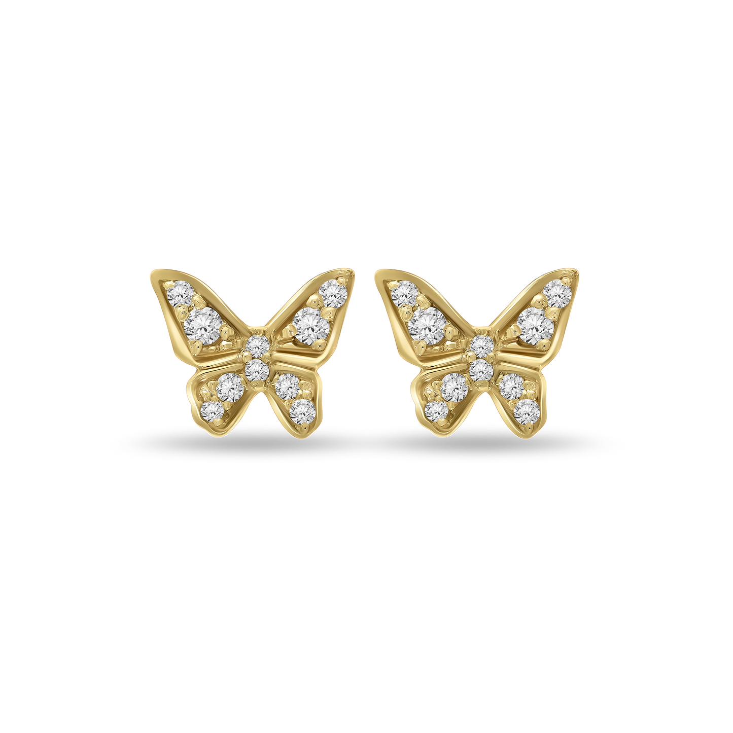 A pair of 18K yellow-gold butterfly stud earrings, each wing pavΓ©-set with small round brilliant-cut diamonds, shown side by side on a transparent background.