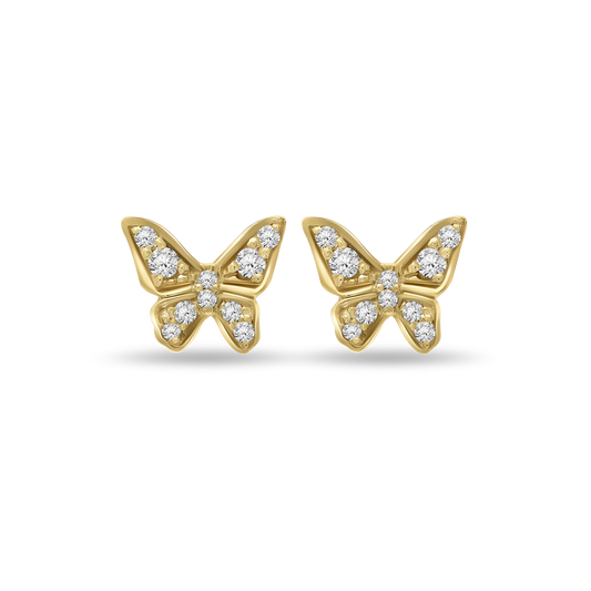 A pair of 18K yellow-gold butterfly stud earrings, each wing pavé-set with small round brilliant-cut diamonds, shown side by side on a transparent background.
