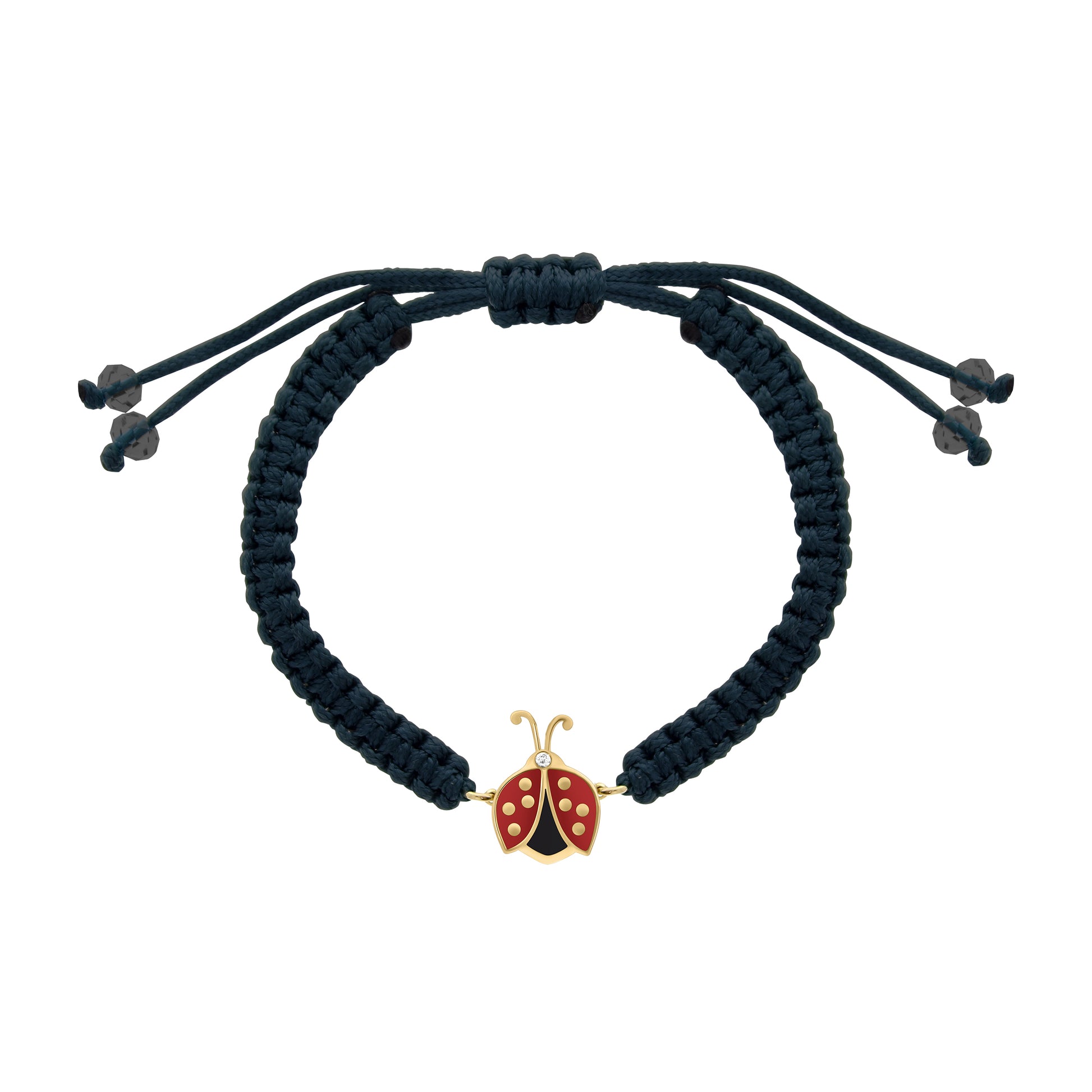 Dark blue cord bracelet featuring a red enamel ladybug charm with a small diamond accent, adjustable fit.