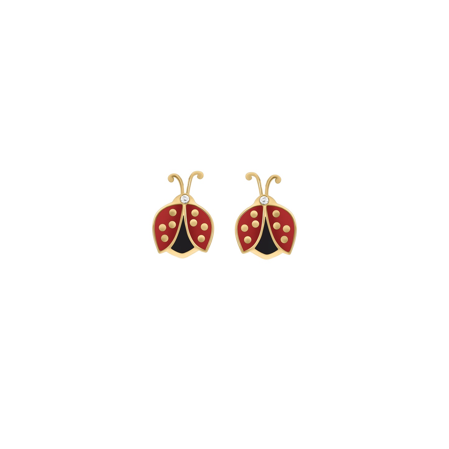 A pair of red and black enamel ladybug earrings in gold with diamond accents for the head, shown on a white background.