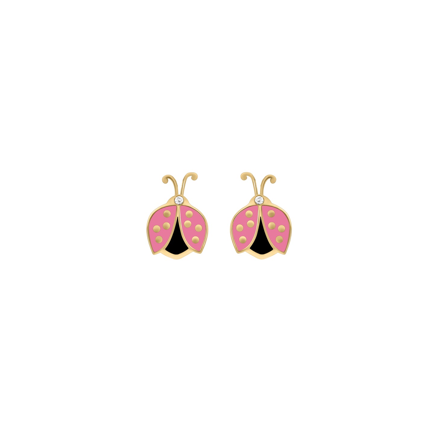 Close-up of pink ladybug earrings with gold and black accents, featuring diamond details on the head, isolated on a white background.