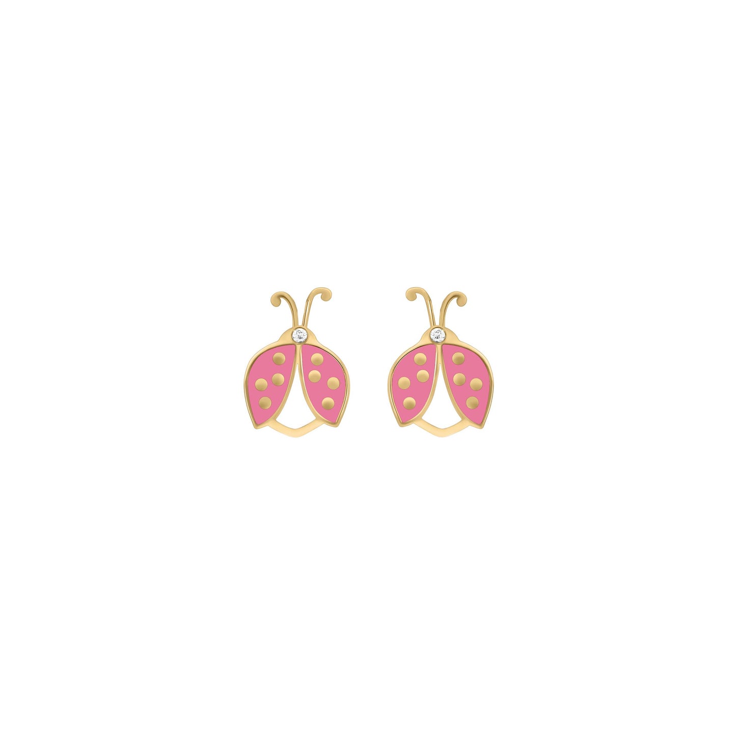 Stylized pink ladybug earrings in gold with diamond details, spaced apart and displayed against a white background.