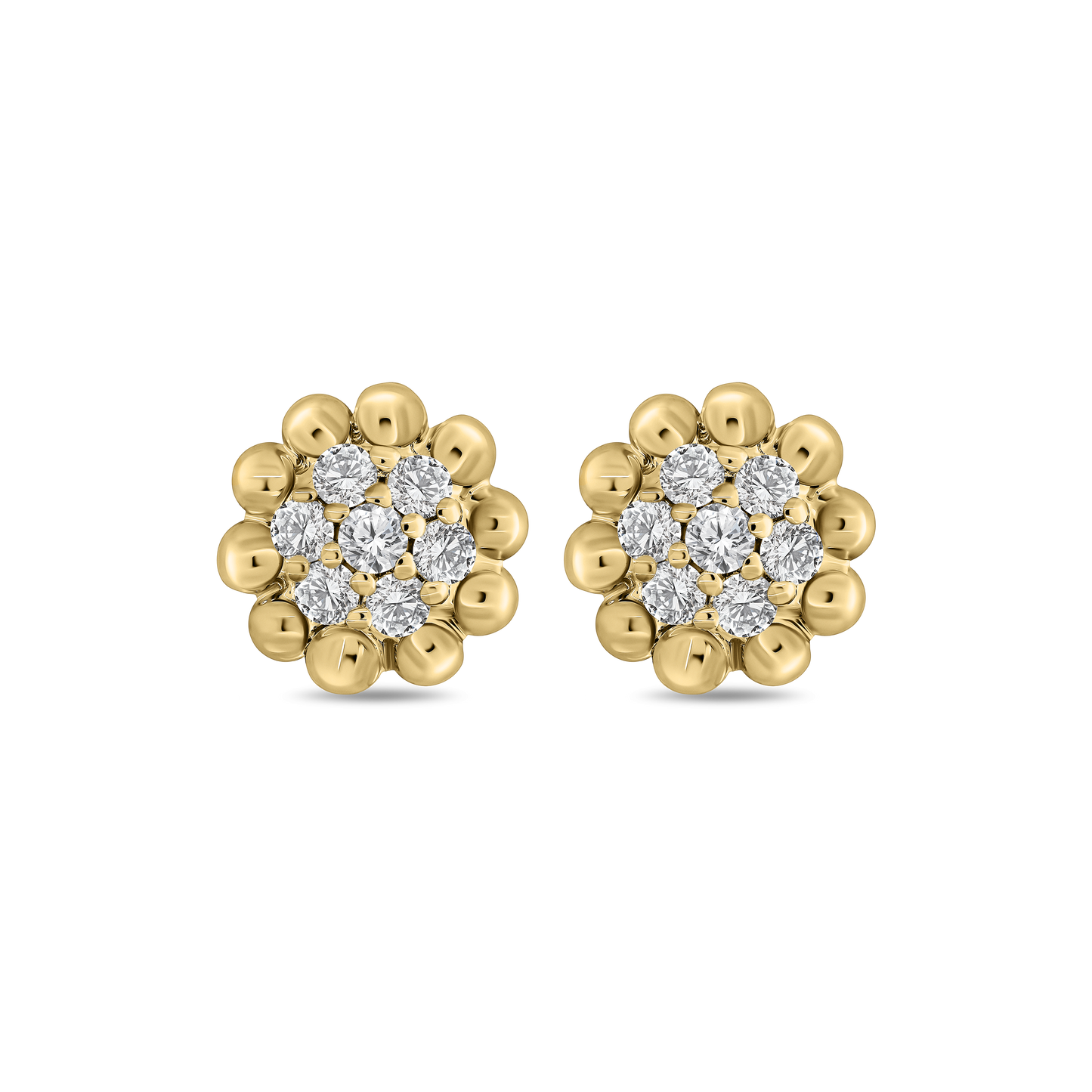 A pair of 18K yellow-gold Little Round stud earrings, each featuring a central cluster of round brilliant-cut diamonds surrounded by a ring of polished gold beads, shown side by side on a transparent background.