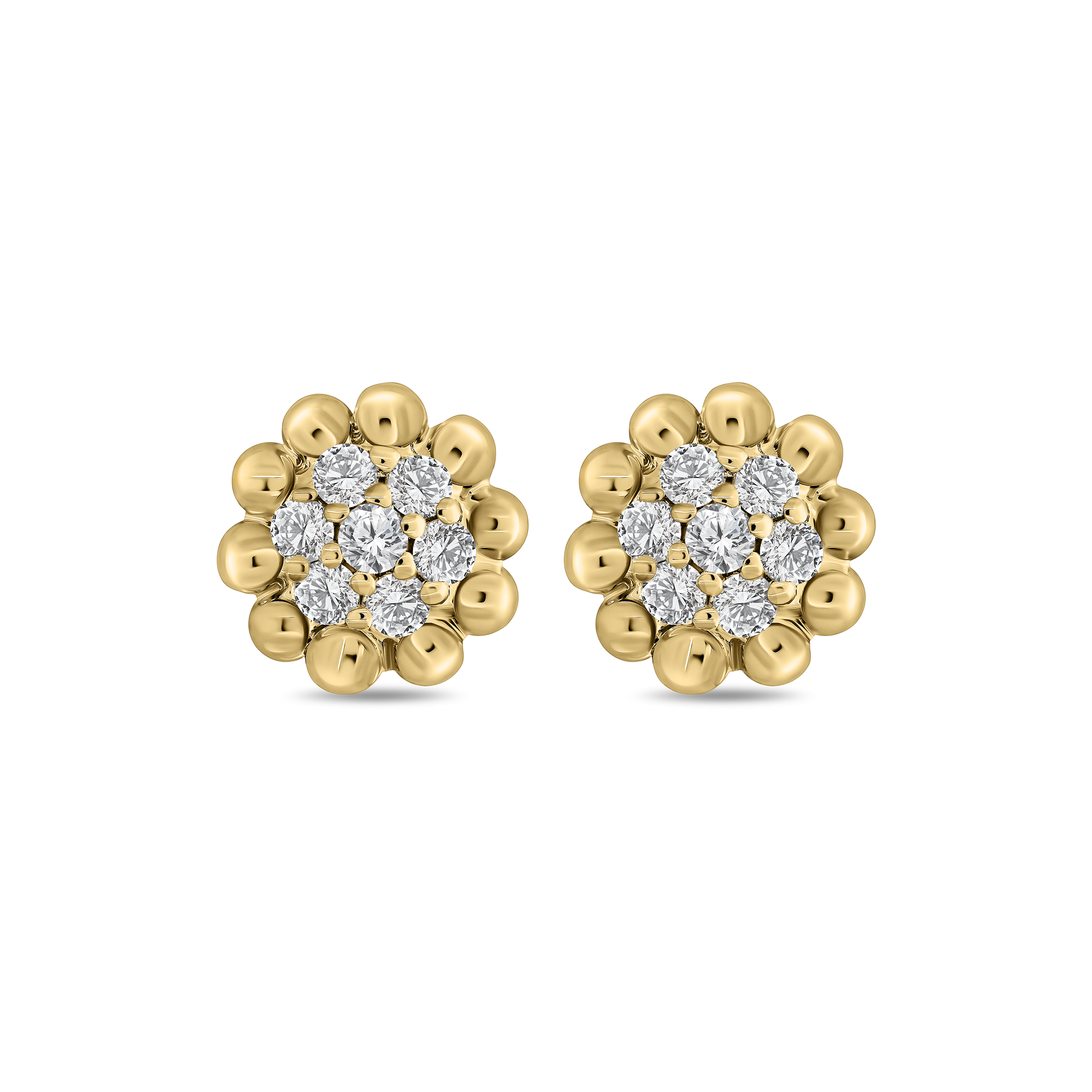 A pair of 18K yellow-gold Little Round stud earrings, each featuring a central cluster of round brilliant-cut diamonds surrounded by a ring of polished gold beads, shown side by side on a transparent background.