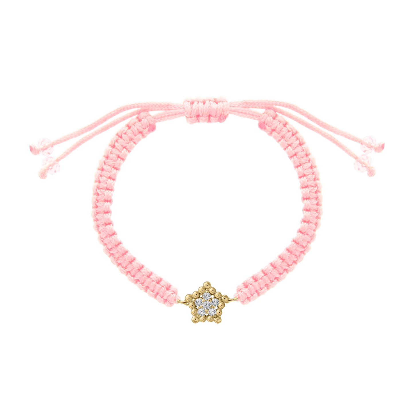 Pink woven cord bracelet featuring a gold star charm set with small diamonds, adjustable with pink bead-tipped ties.