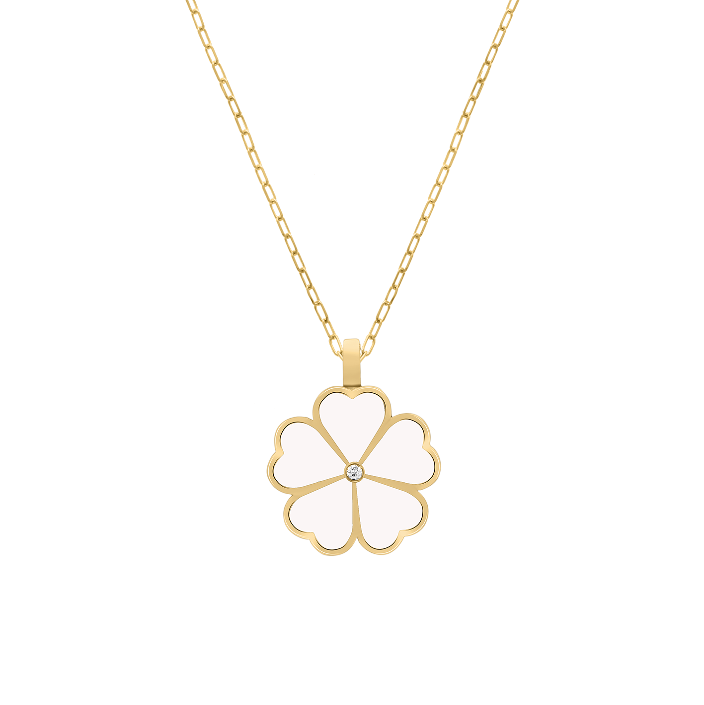 Gold necklace with a white enamel four-leaf clover pendant featuring a central diamond, displayed on a transparent background.