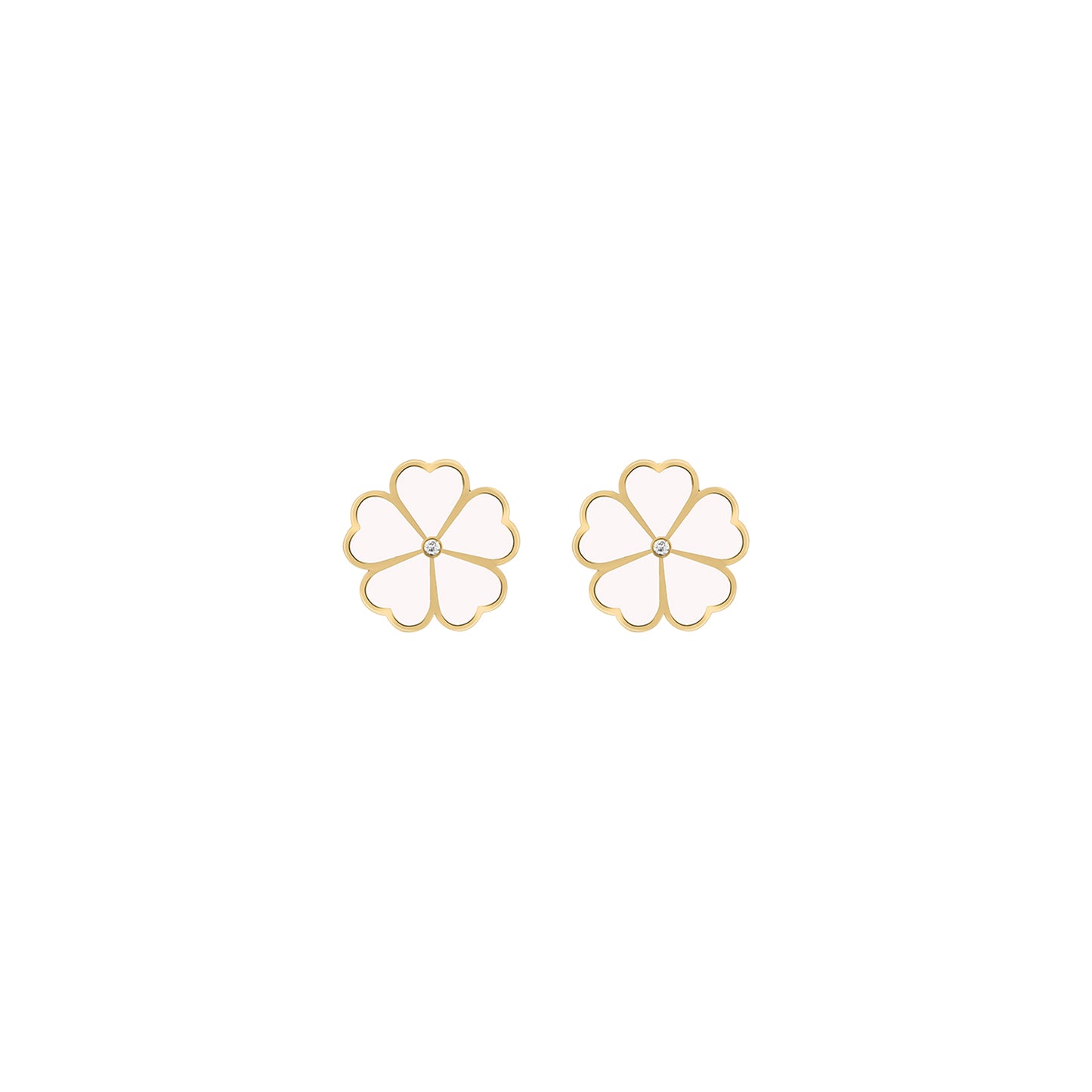 Pair of gold Lucky Clover stud earrings with white enamel petals and a central diamond, displayed on a white background.