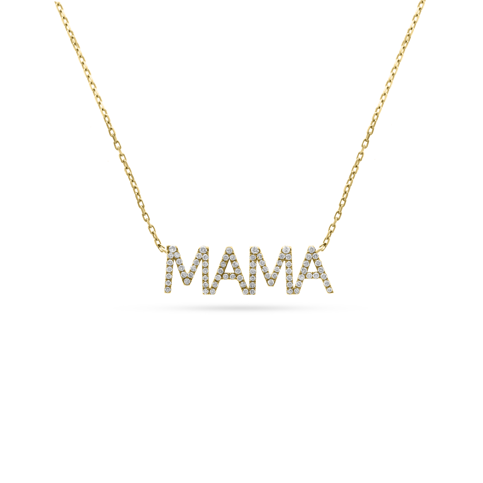 Gold necklace with the word “MAMA” spelled out in capital letters, each letter encrusted with diamonds, displayed on a transparent background.