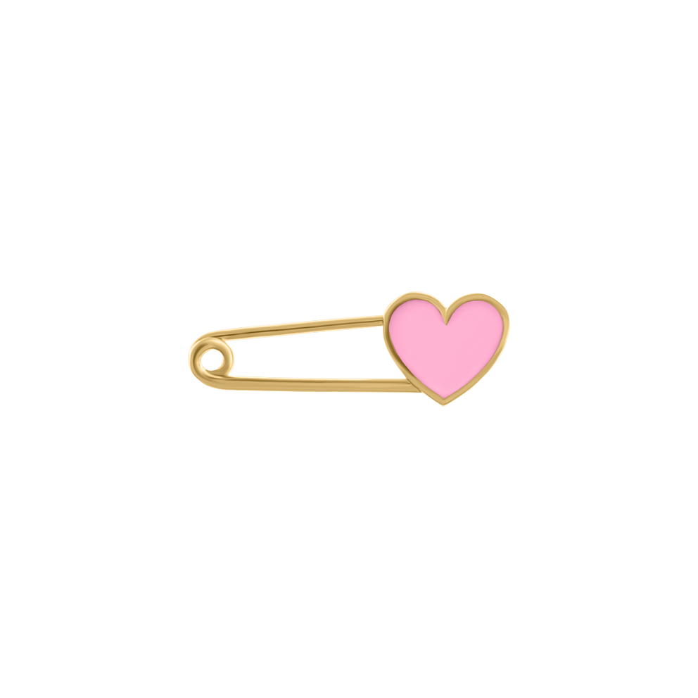 Heart-shaped safety pin with pink heart and gold metal on a white background