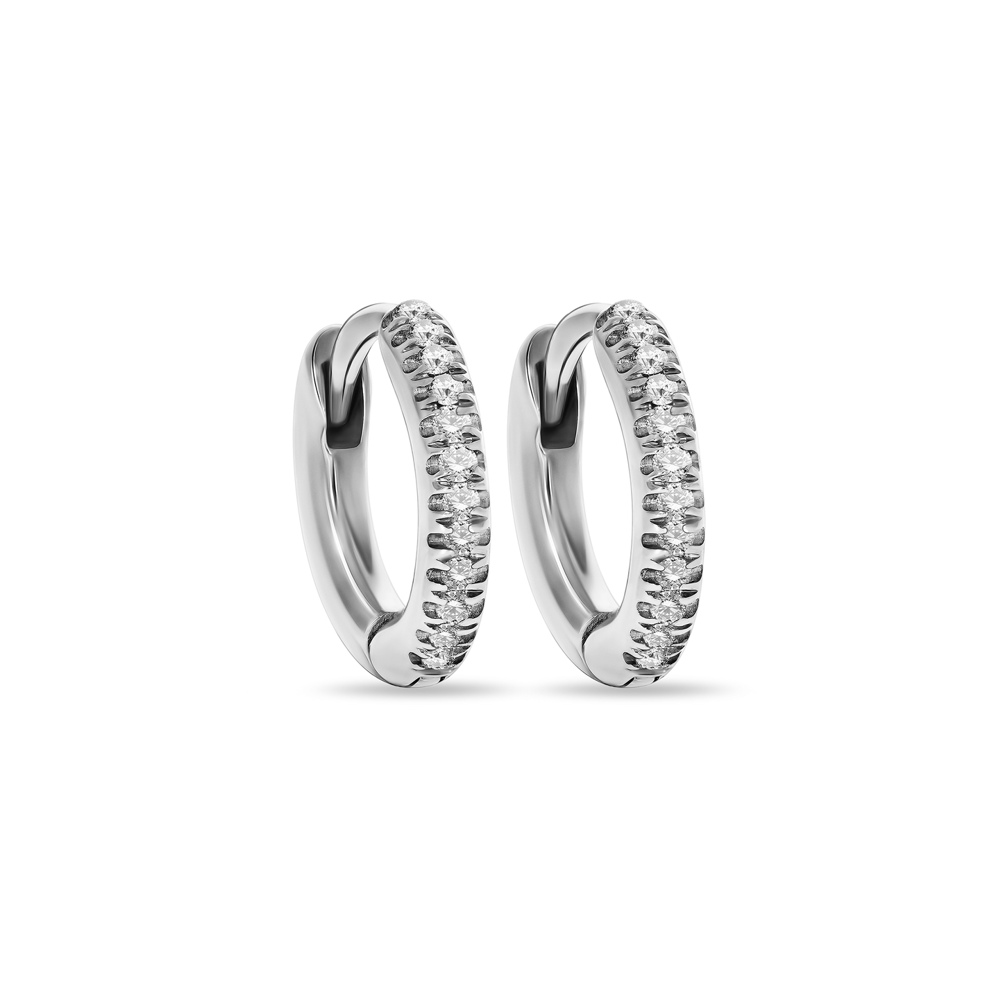 A pair of 18K white-gold mini hoop earrings, each half-front adorned with a row of small round brilliant diamonds, shown side by side on a transparent background.
