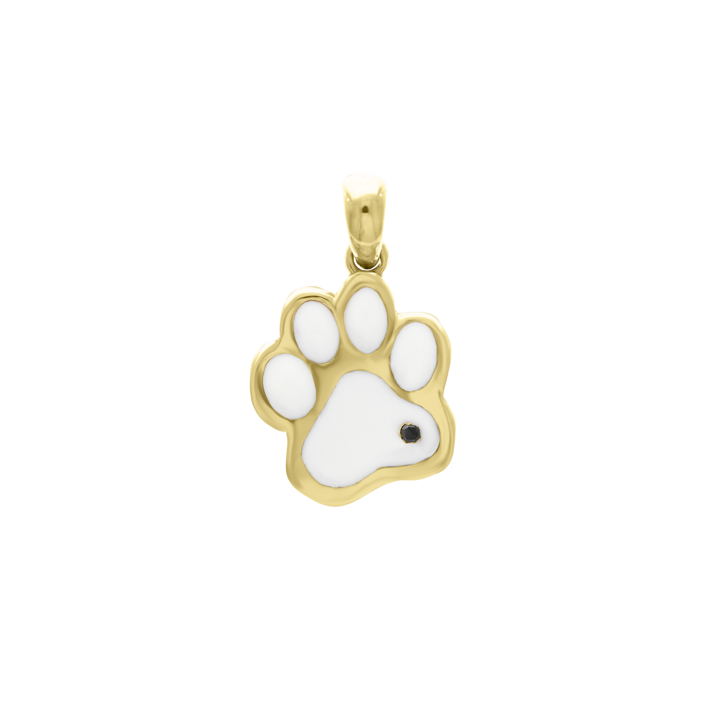 Yellow gold paw print charm pendant with white enamel detail