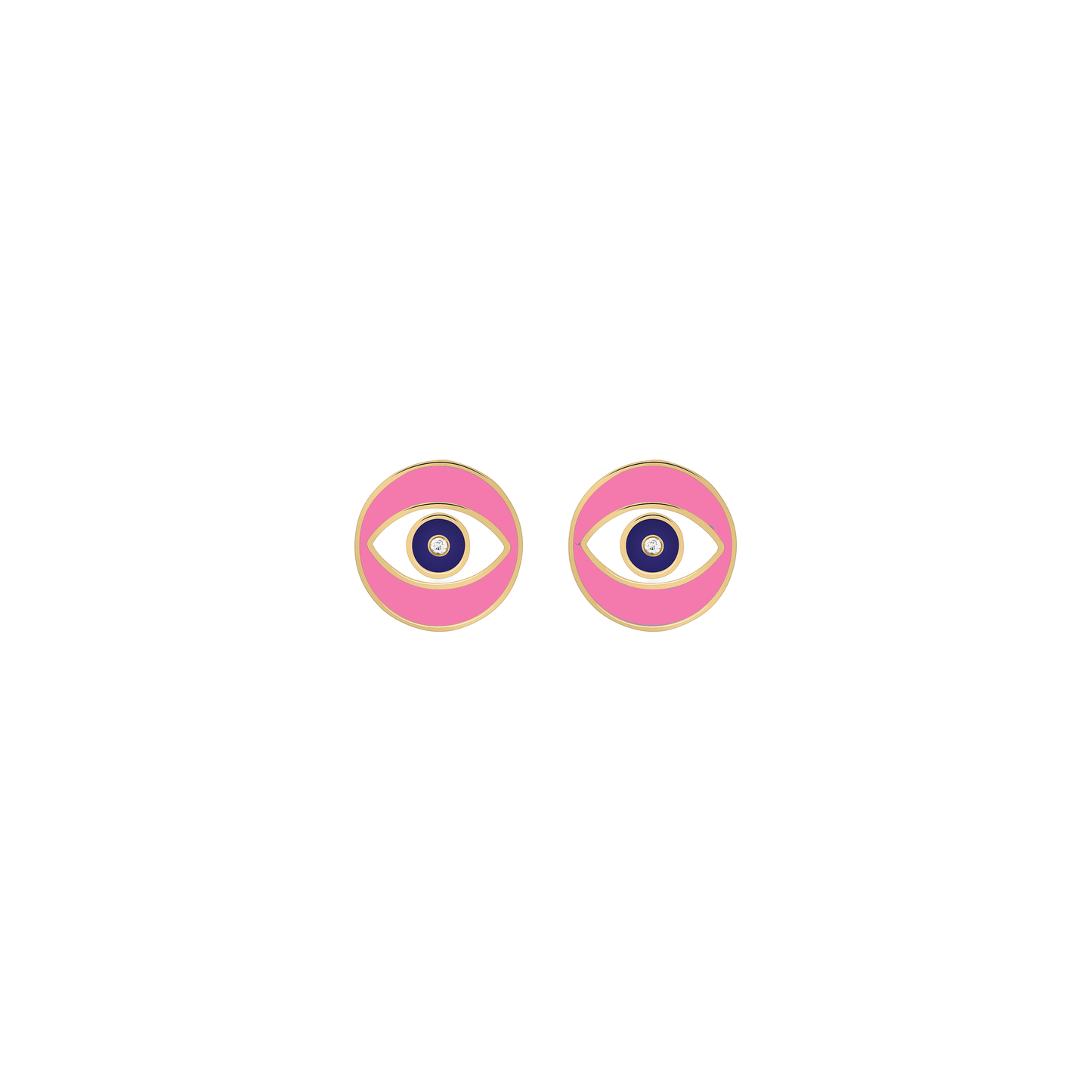 Pair of pink enamel evil eye stud earrings in 18k gold, featuring a central diamond and navy blue detailing.