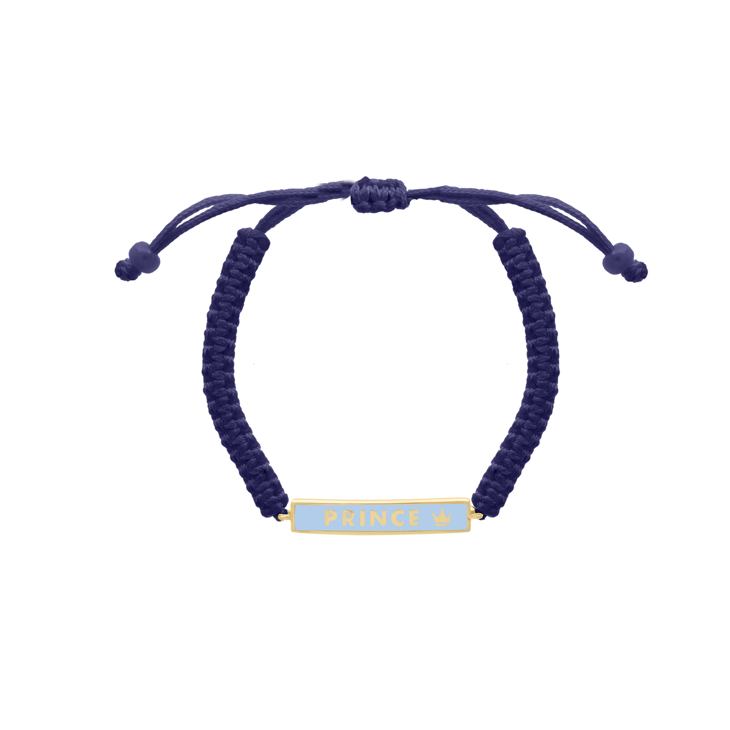 Blue cord bracelet with yellow gold prince name plate and crown detail