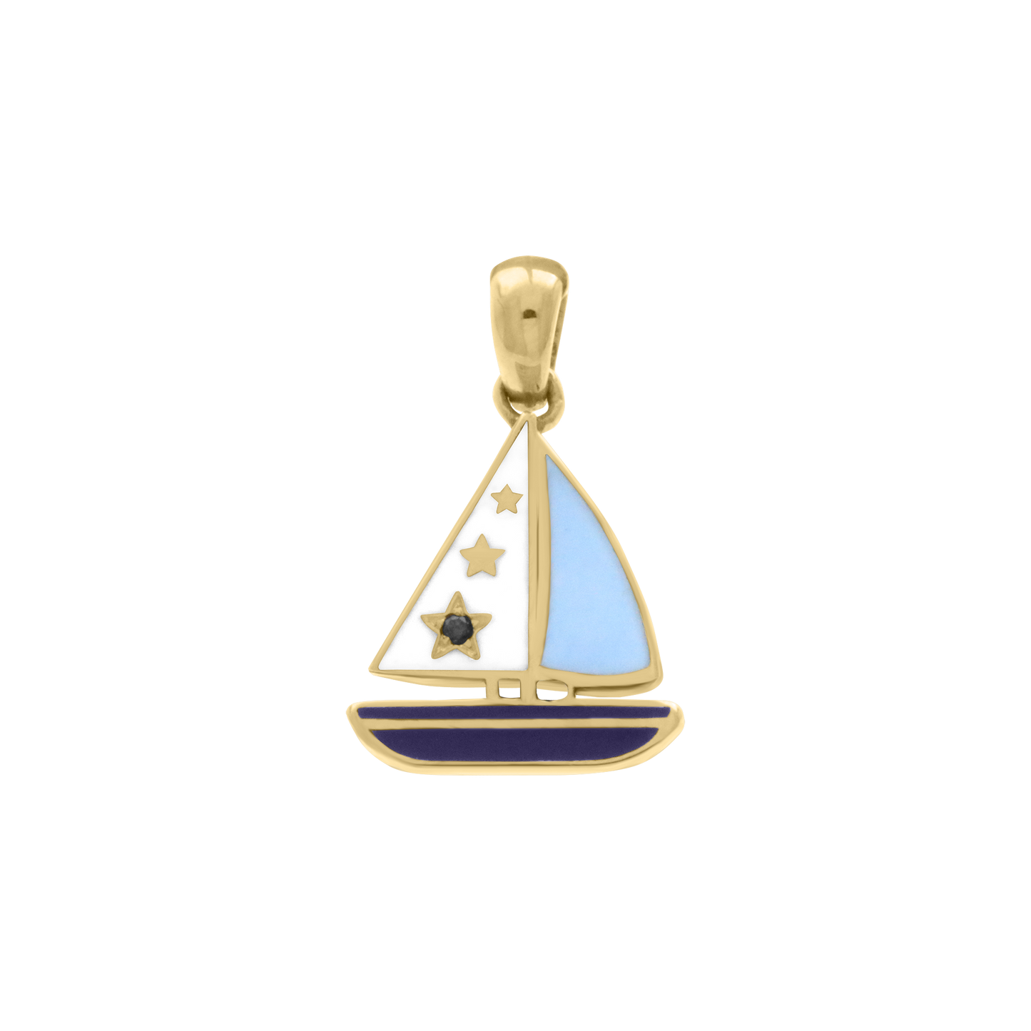 18K gold sailboat pendant with blue, white, and navy enamel and star accents