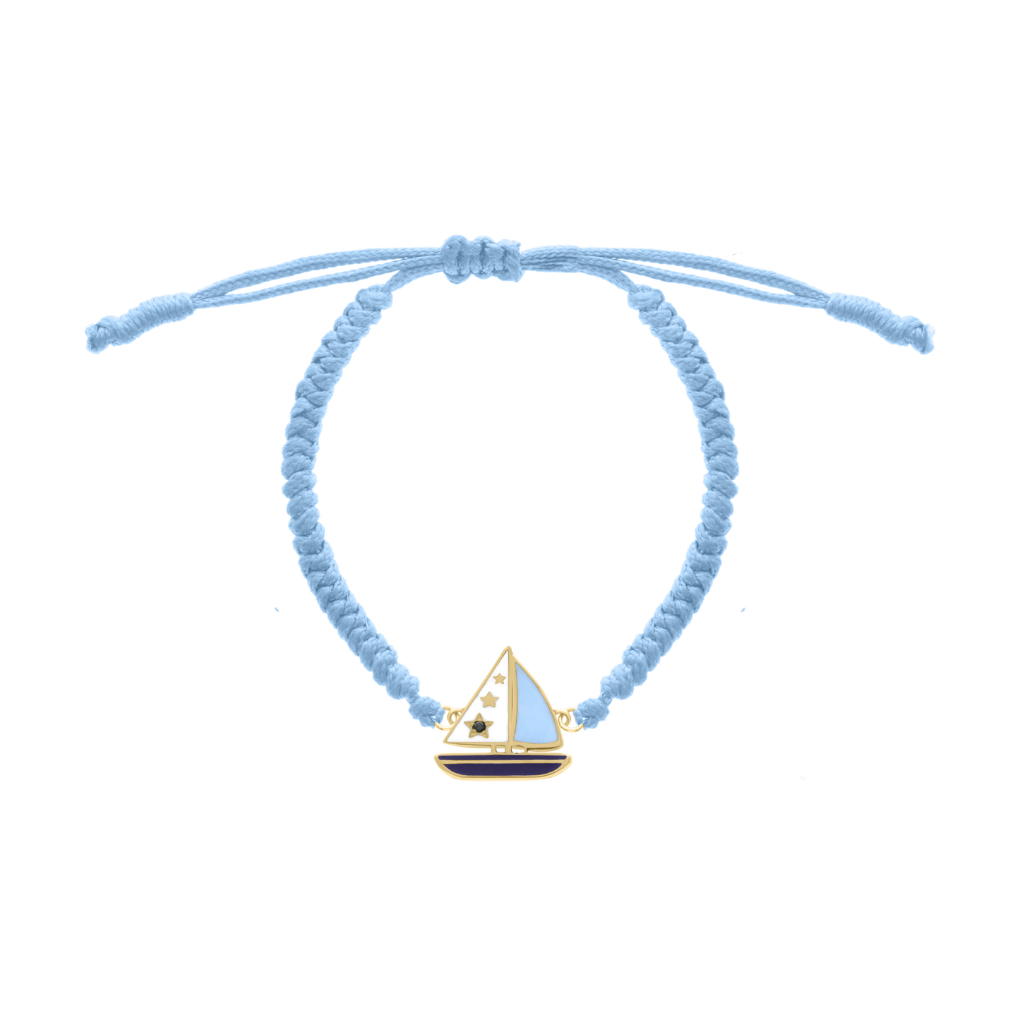 Light blue cord bracelet with yellow gold sailboat charm and blue enamel details