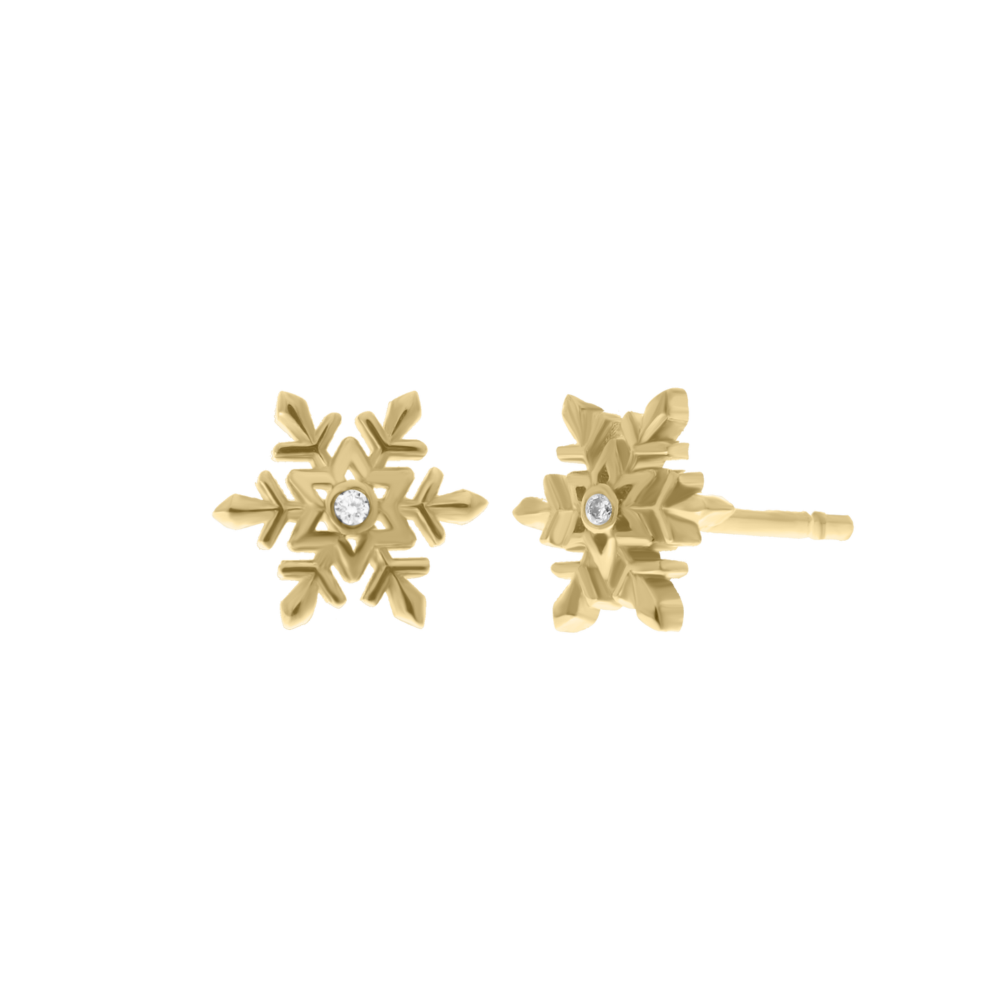 Pair of gold snowflake-shaped stud earrings with a small diamond in the center of each, displayed on a transparent background.
