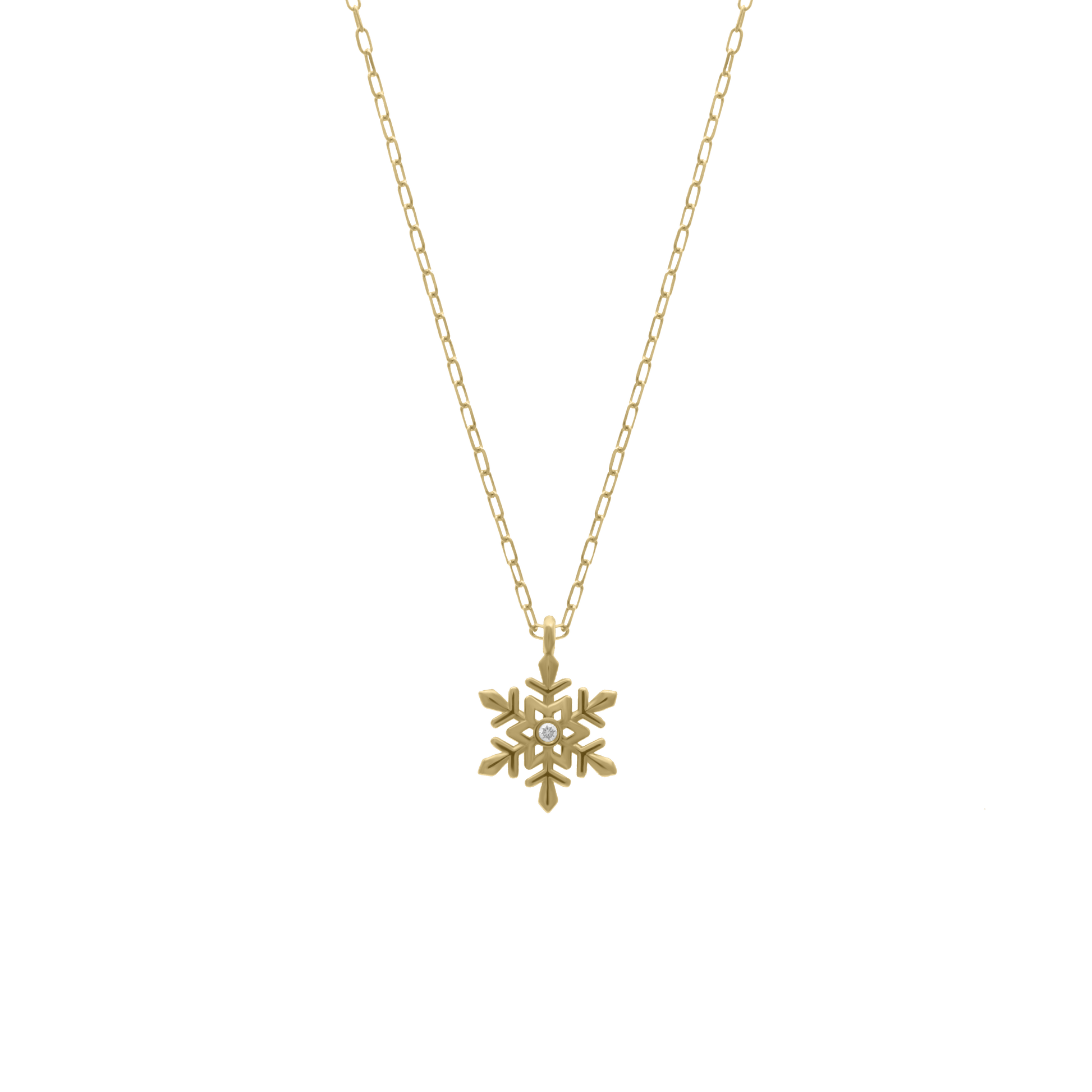 Gold necklace featuring a snowflake-shaped pendant with a small diamond in the center, displayed on a transparent background.